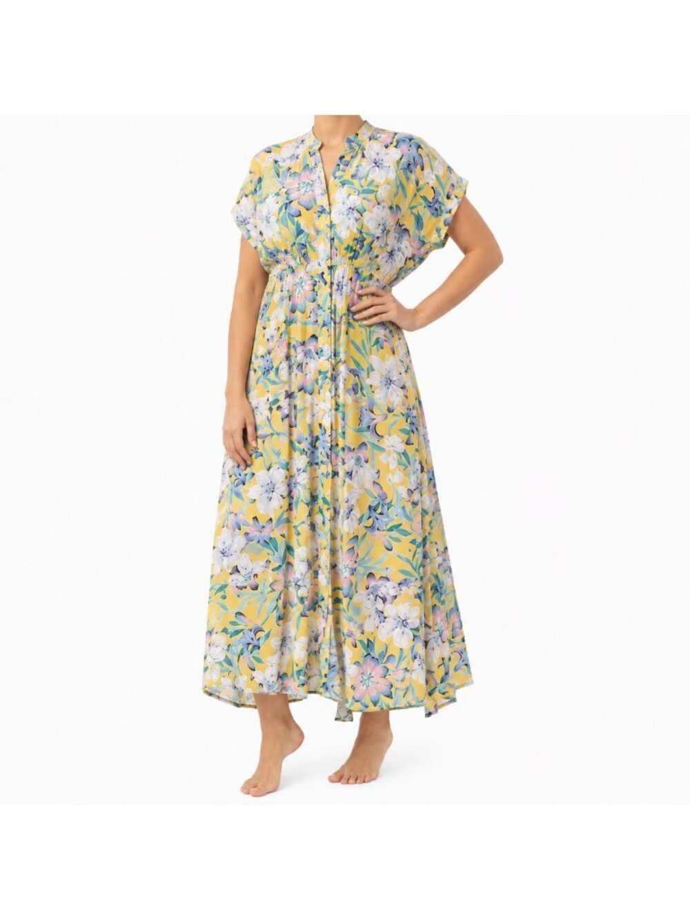 Orange Fashion Village Yellow Floral Button Front Maxi Dress - Large/XL
